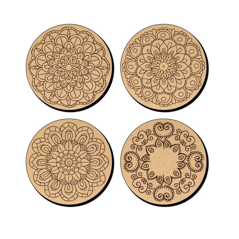 Set of 4 Mandala Art Wooden Round Coaster for Dining Table, Coaster for Home Decor, Coaster for Office Table | Gift for Tea Lover | MDF Coasters for Art and Craft